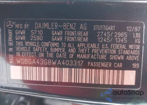 1998 Mercedes-Benz S 420 z USA, uszkodzony, nr VIN WDBGA43G8WA403317